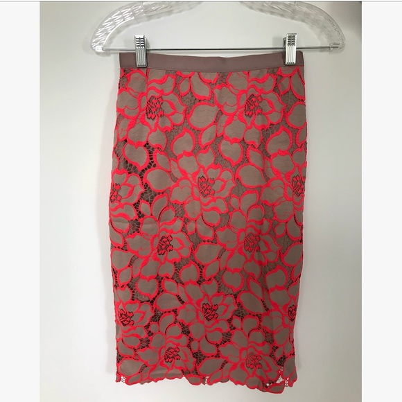 Topshop Dresses & Skirts - Tan & bright red-orange lace high rise midi skirt